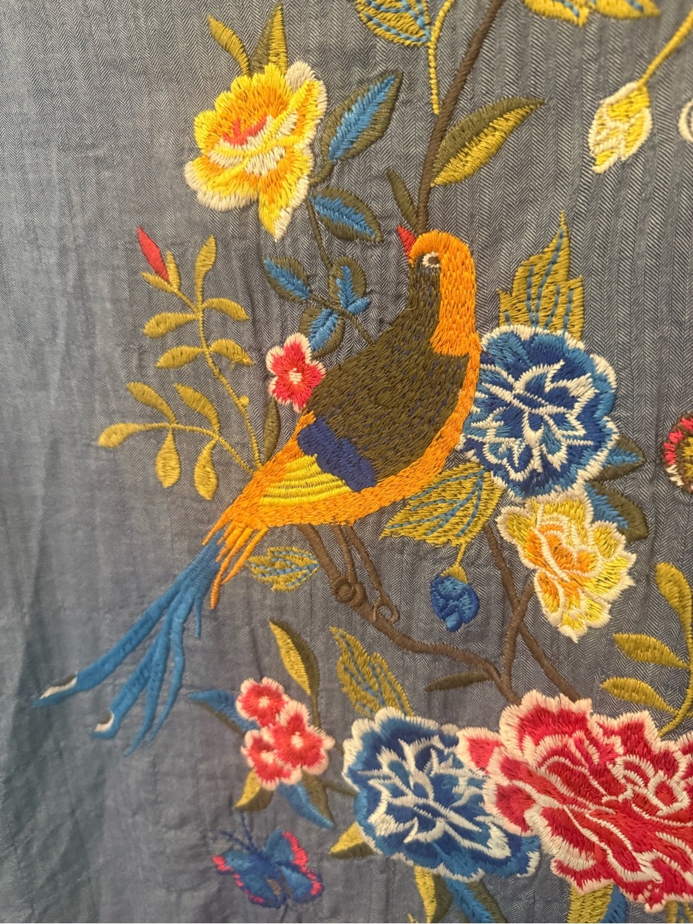 🦜Johnny Was Women’s Embroidered Floral Bird Chambray Button Up - Size L - Picture 5 of 10